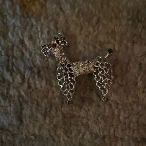 Vintage 50s 60s 1950s 1960s Silver Poodle Dog Brooch pin rhinestone kitschy fun